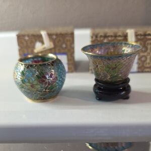 Vintage Floral Cloisonné Tea Light Candle Holders Set Of 2 NWOT